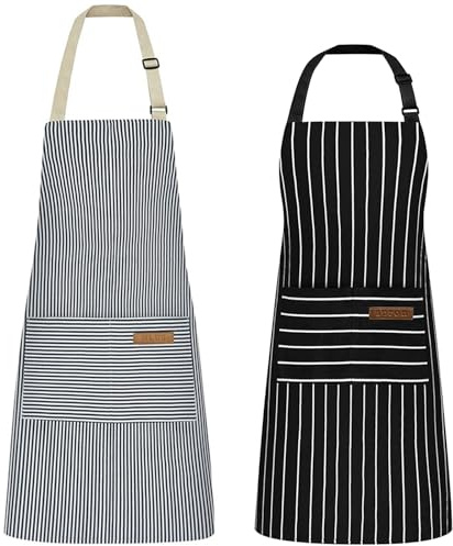 Hwtcjx 2 Piezas Delantal Antiincrustante y Ajustable, Delantal de Cocina, Rayas Mandiles con Bolsillos para Cocinar y Hornear para Mujeres, Hombre y Pareja (Rayas Gruesas Negras y Rayas Finas Azules)