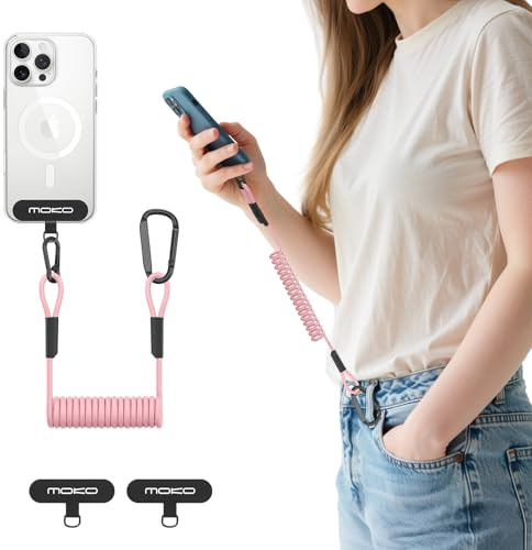 MoKo Phone Lanyard Tether with Patch, Anti-Theft Cell Phone Strap with Carabiner, Universal Stretchy Anti-drop Cellphone Lanyard for Outdoor Hiking Climbing Fishing, Fits Most Smartphones, Pink