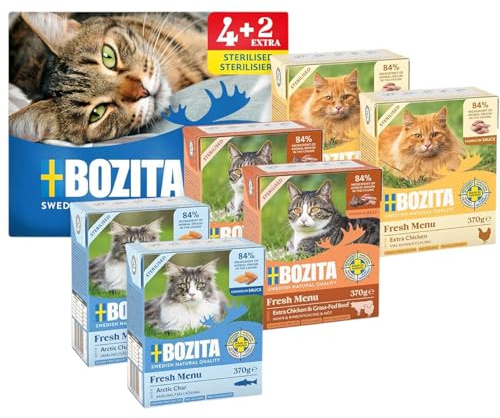 Bozita Tetra provpaket: 6 × 370 g spannmåls- & sockerfritt foder för steriliserade katter, med rikligt kyckling, röding & kyckling/nötkött i gelé, 7,5 % protein och 5 % fett
