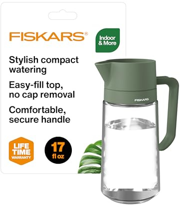 Fiskars Glass Watering Carafe, Indoor Plant Watering Can with Narrow Spout, Small Pitcher for Succulents & Herbs, Easy Fill Top Design for Mess Free Pouring, Modern Decor Style, 17 oz, Clear