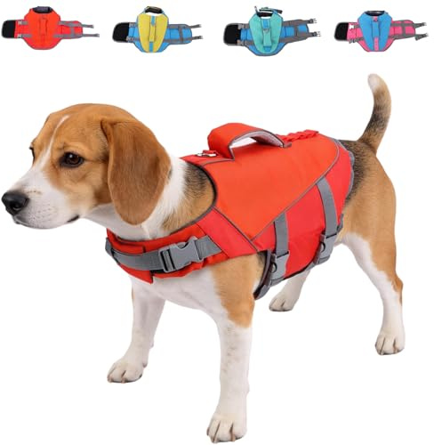Flytväst hund, hundflytväst med räddningshandtag och reflekterande, säkerhet, justerbar räddningsväst för medelstora och stora hundar, schäfer, tax, dogge för vattensport (orangeröd, L)