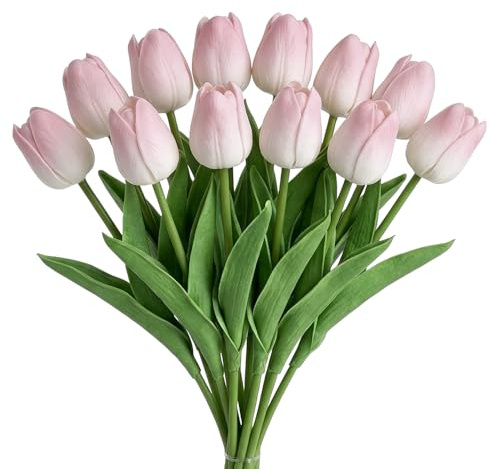 12 Styck Konstgjorda Ljusrosa Tulpaner | Real Touch Latex Tulpaner, Livsliknande Konstblommor för Vase Dekor | Brudbukett Wedding, Vardagsrum Bord Dekor, Peach Pink Konstblomma Arrangement