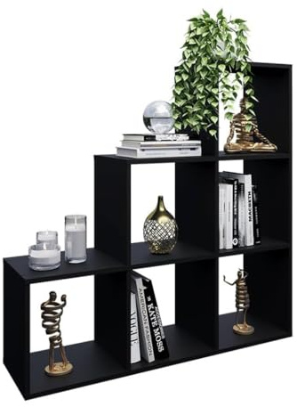 Libreria a Scala Modulare 6 Vani 115x30x115 cm – Design a Gradini – MDF Bianco o Nero – Scaffale Soggiorno Studio Ufficio Camera – Organizer Libri Oggetti Decorativi (Nero)