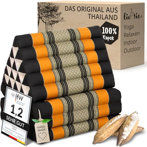 livasia cuscino thai a 3 segmenti alto - 185x55x8cm - cuscino triangolare con materasso pieghevole, kapok, cuscino per la schiena jumbo, tappetino thai da piegare, fatto a mano (Nero/Arancione)
