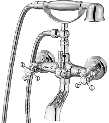 Rubinetto per vasca da bagno cromato lucido con doccetta a mano spruzzatore montaggio a parete doppia maniglia a croce rubinetto miscelatore vintage a forma di telefono spruzzatore a mano set doccia