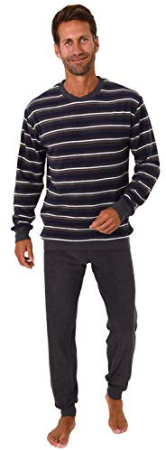 Herren Frottee Schlafanzug mit Bündchen in Streifenoptik Langarm Pyjama - 202 101 13 600, Größe2:52, Farbe:Navy
