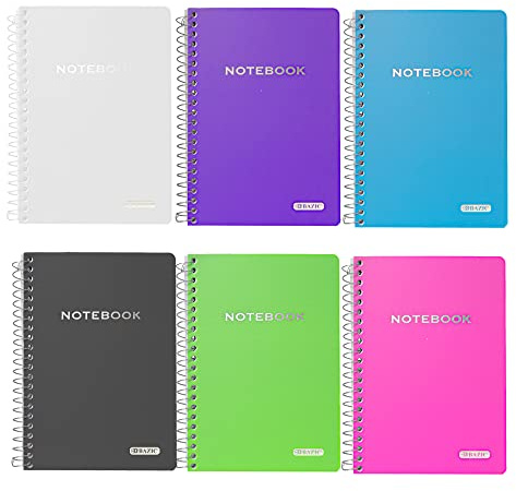 BAZIC PRODUCTS Spiral Notebook, Composition Book, 5 x 7 Poly Cover Spiral Notebook, College Ruled 100 Sheet Notebook for School, Office, & Home Use, Assorted Color, 6-Pack