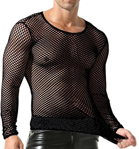 QiaTi Men's Fishnet Shirt Mens Fishnet Top Mesh Transparent Long Sleeve Muscle T-Shirt Net Undershirt Top
