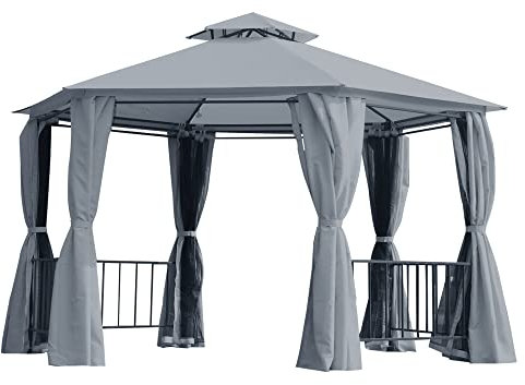 Outsunny 3 x 3(m) Hexagon Gazebo Patio Canopy Party Tent Outdoor Garden Shelter w/ 2 Tier Roof & Side Panel - Grey