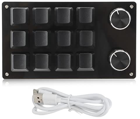 Dioche One Handed Macro Mechanical Keyboard Portable USB Mini 12 Key Multifunction DIY Programmable Keypad with Knob for Office Gaming Lab(full black)