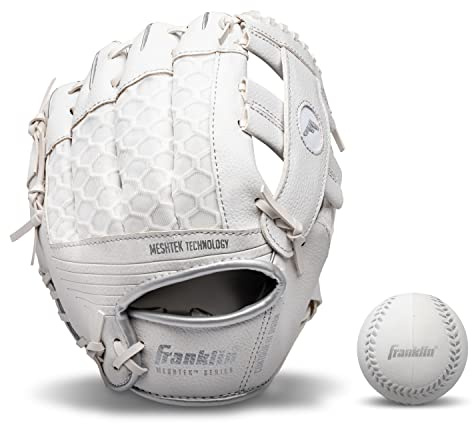 Franklin Sports Guanti da baseball per bambini – Meshtek Child's Tball Glove + Set palla – Ragazzi + Girls Teeball Mitt Set – Kids Right Hand Throw – 9,5 – Bianco/Chrome