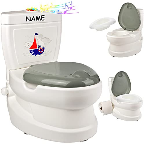 alles-meine.de GmbH Kindertoilette/Töpfchen Spülgeräusch + Licht Schiff & Segelboot - inkl. Name mit Wasserspülung Sound - Nachttopf/Babytopf - mit Deckel - weiß - Musi..