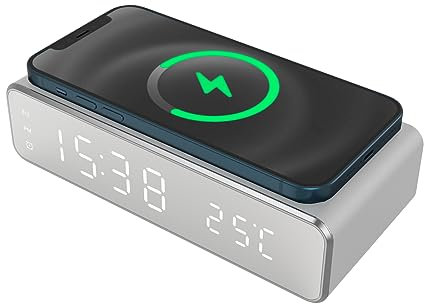 TECHMADE Sveglia Digitale con Ricarica Wireless, Sveglia con Allarme con Timer, Display LED Regolabile Luce notturna, Ricarica per iPhone, Samsung, Huawei e Altri (SILVER)