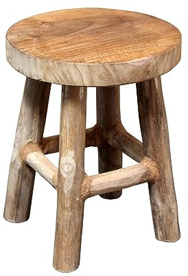 Spetebo Taburete para flores de teca, 22 x 17 cm, redondo, natural/medio, taburete de madera con 4 pies, decoración de madera maciza, soporte para plantas