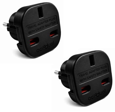 OcioDual 2X Adaptador Enchufe UK, Adaptador Enchufe UK a Europeo, Plug Adapter, Convertidor de 3-Pin Inglaterra a 2-Pin Europa con Seguridad para Niños, Negro