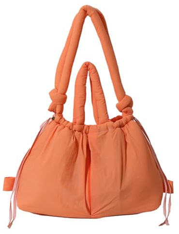 LYEAA Bolso Tote Acolchado para Mujer con Correa Ajustable, Bolso Cruzado Grande de Nylon, Bolso Hinchado para Compras y Viajes, Orange, 14.17x13.39x0.79inch