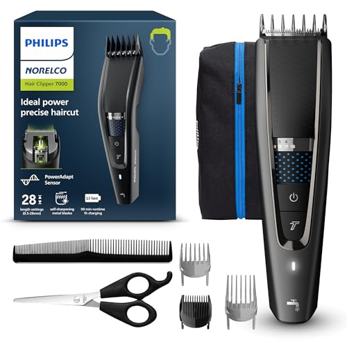 Norelco Philips Hair Clipper 7000 Series, Hair and Beard Trimmer, Precision Dial, PowerAdapt Sensor, Trim-and-Flow, DualCut, DuraPower, 28 Length Settings, 90 Min. Runtime, Model HC7650/40