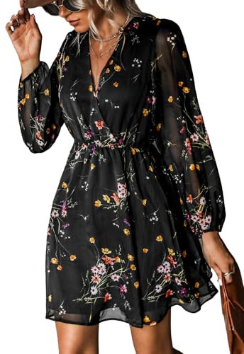 CUPSHE Women's Floral Print Chiffon A-Line Mini Dress Long Peasant Sleeves Elastic Autumn Dress Black Ditsy XL