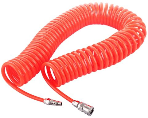 ASelected Air Compressor Hose Polyurethane Recoil with 1/4 inch Europe Quick Coupler and Plug Fittings,12m Length,6.5mm IDx10mm OD with Bend Restrictor,Long Air Line Hose Compressor Tool Coiled,Red