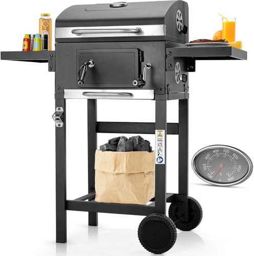 LIFERUN Chariot à Barbecue, Barbecue au Charbon de Bois avec Couvercle, Fumoir, BBQ Charbon avec 2PCS Roues, Thermomètre, Gril Réglable en Hauteur, Barbecues à Charbon pour Camping et Jardin