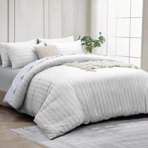 INSPIRE HOMEWARE Double Duvet set - Premium Hotel Quality Reversible Satin Stripes Duvet Cover with 2 Pillowcases, White Double Bedding Set - Soft Microfiber Quilt Bedding