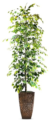 LCG Florals 8ft Artificial Ficus Tree in Copper Metal Pot - Real Wood Trunk, No Maintenance Indoor Faux Plant - Living Room, Home & Office Decor