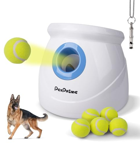 Pet Prime Automatischer Ballwerfer für Große Hunde, Ballwurfmaschine mit 3 Distanzstufen (3-12M) Ballmaschine mit 6x6,35cmTennisbällen, Wiederaufladbarem & Hundepfeife für Outdoor-Spiele (Maxi-Werfer)