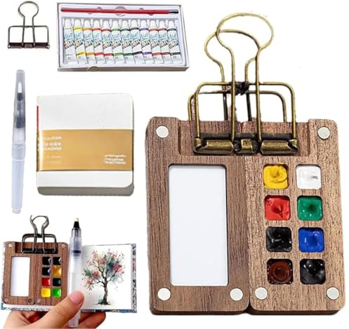 LUCKKY Tobios Watercolor Set, Mini watercolor paint set, Pocket Artist Watercolor Travel Kit, Wooden Grid Paint Box, Travel WatercolorSet with Palettes for Art Lovers