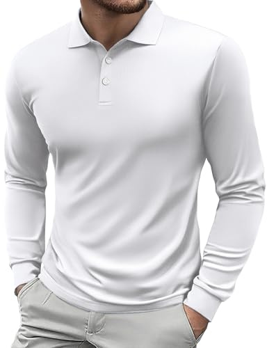 PINSPARK Polo Shirt Men's Long Sleeve Golf Shirts UPF 50+ Quick Dry Moisture Wicking Polos Outdoor Sports Poloshirt Tennis Hiking Casual Work Polo T-Shirt White M