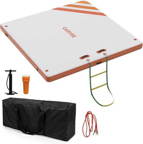 Inflatable Floating Dock 10 x 10 ft Air Dock Platform Non-Slip Surface Thick Lake Floats with Portable Carrying Bag, Air Pump for Lakes, Pool, Beach, Ocean Orange