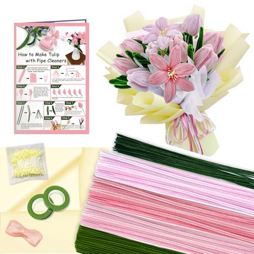 Morcheiong 480 unidades de limpiadores de tubería, kit de fabricación de flores de tulipán para manualidades artísticas de bricolaje, serie rosa