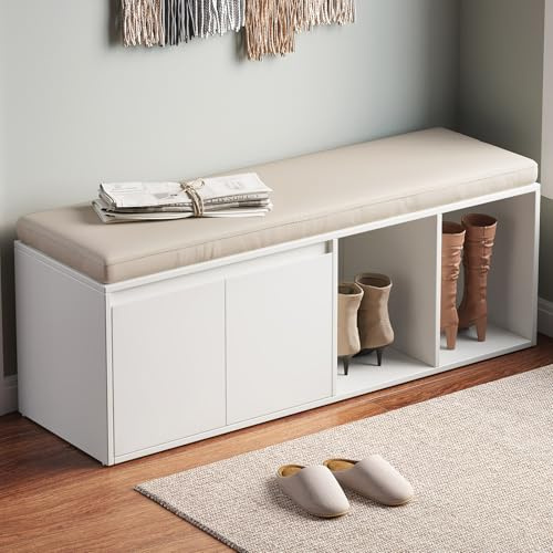 TreLined 47.24 Shoe Bench with Storage, Modern Entryway Bench with Compartment, Shoes Changing Stool with Cushioned Seat, Bench with Shoe Rack for Entryway, Hallway, Living Room, Bedroom