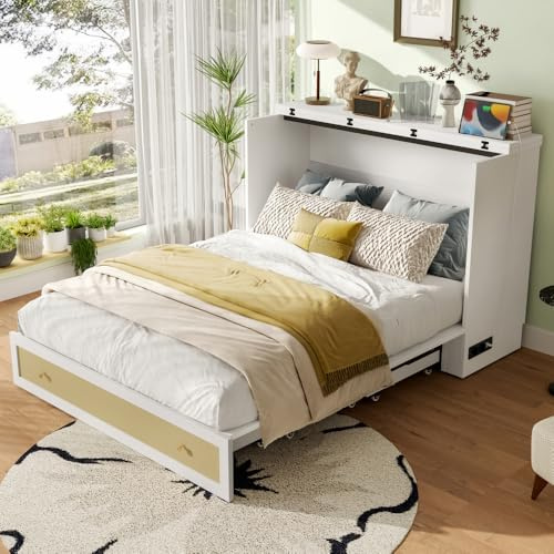 OOIILLEE Letto a scomparsa 140 x 200, letto a scomparsa mobile con cassetti in estremità del letto e ripiano a testata del letto, con presa USB e presa di corrente, letto piattaforma convertibile