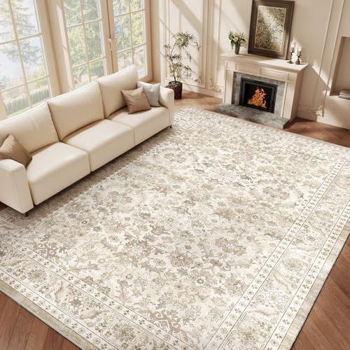 HOMFINE Alfombra Salon 120x170cm Vintage Lavable Beige | Alfombra Grande Lavable en Lavadora, Pelo Corto Floral, Antideslizante y Suave para Salón, Dormitorio y Comedor
