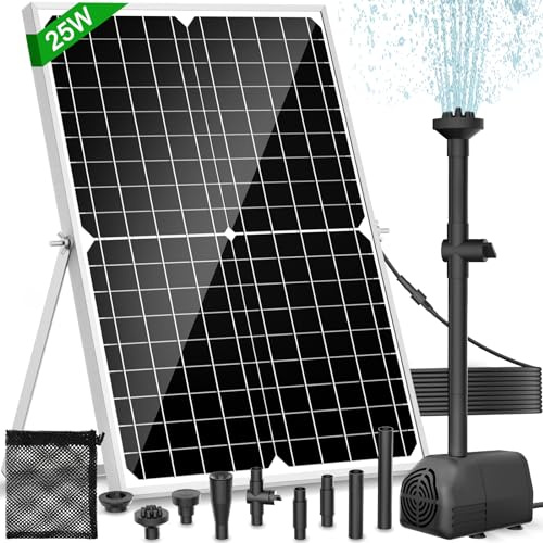 Solar Pond Pump, 25W Solar Fountain Pump with 1700L/H Flow & 4 Spray Styles, 16.5Ft Extendable Power Cord, Debris Barrier Bag for Outdoor Fountain, Ponds, Fish Tank, Waterfall, Garden Water Features