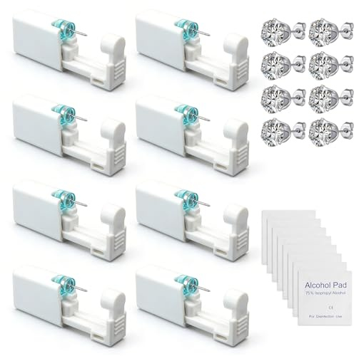 Artomnivera 8Pcs Self Ear Piercing Kit, 5mm Crown Disposable Piercing Gun, Sterile Painless Ear Studs for Women Girls, At-Home Earring Piercing Set with Alcohol Pads