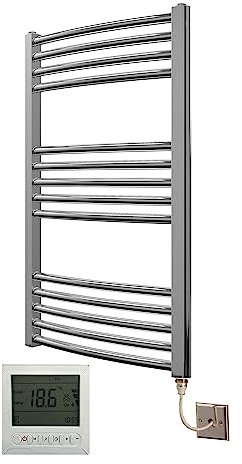 Greened House Electric Chrome 500W x 800H Curved Towel Rail + Timer and Room Thermostat Bathroom Towel Rails
