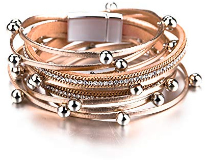 Fesciory Leather Wrap Bracelets for Women, Boho Leopard Multi-Layer Crystal Beads Cuff Bracelet Jewelry (RoseGold Beads)
