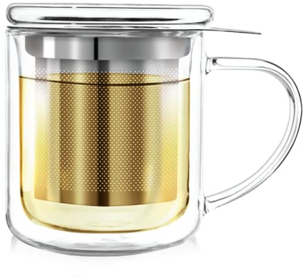 Teabloom Personal Tea Maker - Insulated Heatproof Glass Cup with Loose Tea Infuser and Lid/Coaster – Tea Connoisseur's Choice – Borosilicate Glass Infusion Mug (8 Oz)
