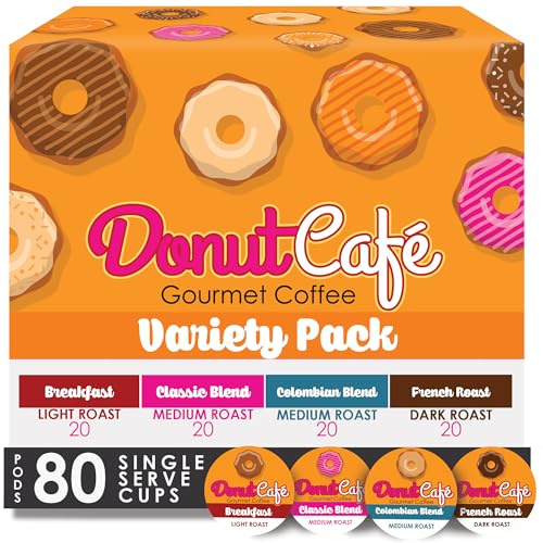 Donut Café Single Serve Coffee Pods for Keurig K Cup Brewers, Light Medium and Dark French Roast, Breakfast Classic Blend, Colombian, Variety Pack, 80 Count