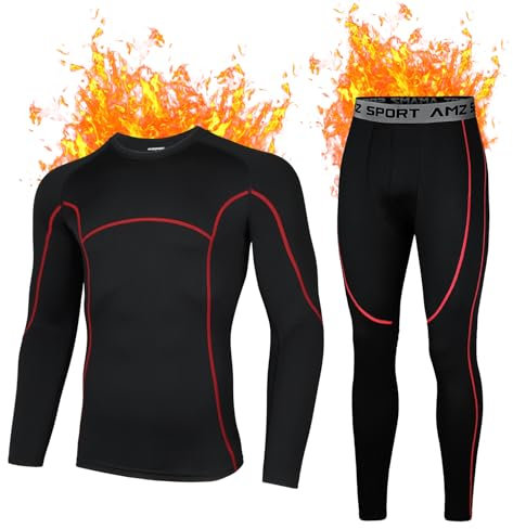 AMZSPORT Herren Thermounterwäsche Set Warmes Kompressionsshirt Kompressionshose Atmungsaktive Funktionsunterwäsche Winter Unterwäsche, SchwarzRot XL