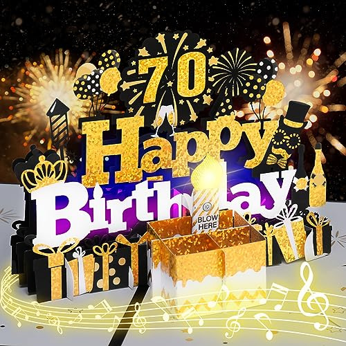 Födelsedagskort, 70:e musikaliska födelsedagskort med ljus, blåsbart ljus 3D födelsedag pop up-kort, blås ut LED-ljus ljus och spela grattis på födelsedagen musik gratulationskort för män eller kvinnor – svart guld