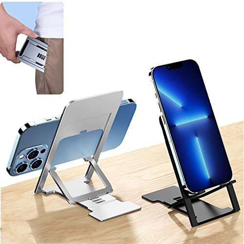 Ultra Thin Portable Foldable Cell Phone Stand - Adjustable Folding Stand for Desk & Travel, Compatible with iPhone Smartphones and iPad Tablets (4-12in), Black
