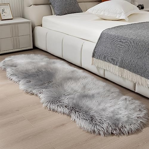 CKLZSAY Faux Fur Rug Runner 2x6 ft Gery - Machine Washable Super Soft Plush Shaggy Fluffy Area Carpet,Sheepskin Rug Fuzzy Floor Mat for Bedroom, Sofa,Living Room, Bedside, Nursery & Kids Room