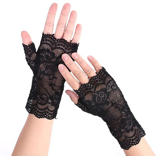 WLLHYF Kurze Spitzenhandschuhe für Damen elegant für Teeparty Halloween fingerlos kurze Handschuhe für Hochzeitskostüm-Zubehör (Stil 1, Einheitsgröße)