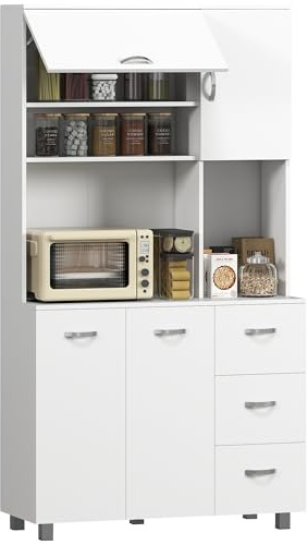 HOMCOM Credenza Alta Moderna con Cassetti e Armadietti, Mobile Cucina per Microonde con Ripiani Aperti, 100x39.5x183.5cm, Bianco