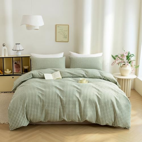 Ruccit Green Gingham Duvet Cover King Size 100% Washed Cotton Tan Plaid Grid Duvet Cover Sets King Checkered Pattern 3PCS Quilt Cover Bedding Set with Zipper Closure Corner Ties,Soft,Breathable