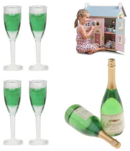 Miniatura de champán Botellas 2 PCS,4 Copas,Mini Copas de champán,Mini Botellas de Champán,Botella de champán en Miniatura,1:12,Mini Tazas para Botellas de champán,Modelo de Copas de champán