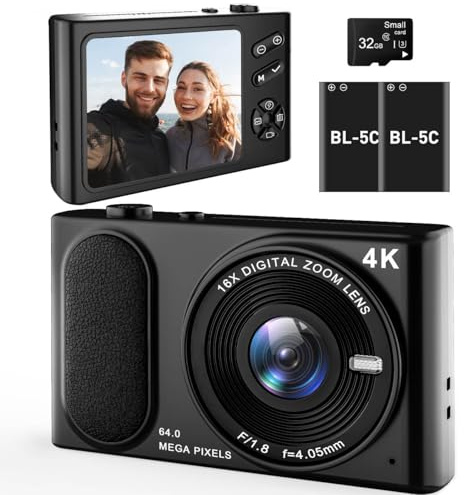 TAOQQI Appareil Photo Numérique 4K UHD, 64 MP, Zoom 16X, Compact avec Anti-Vibration Électronique, Noir
