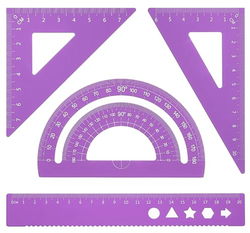 PATIKIL Set di Squadra Triangolare, Righello Metrico 20cm in Alluminio, Squadra Triangolare 45°60° e Goniometro, 4Pz, Viola